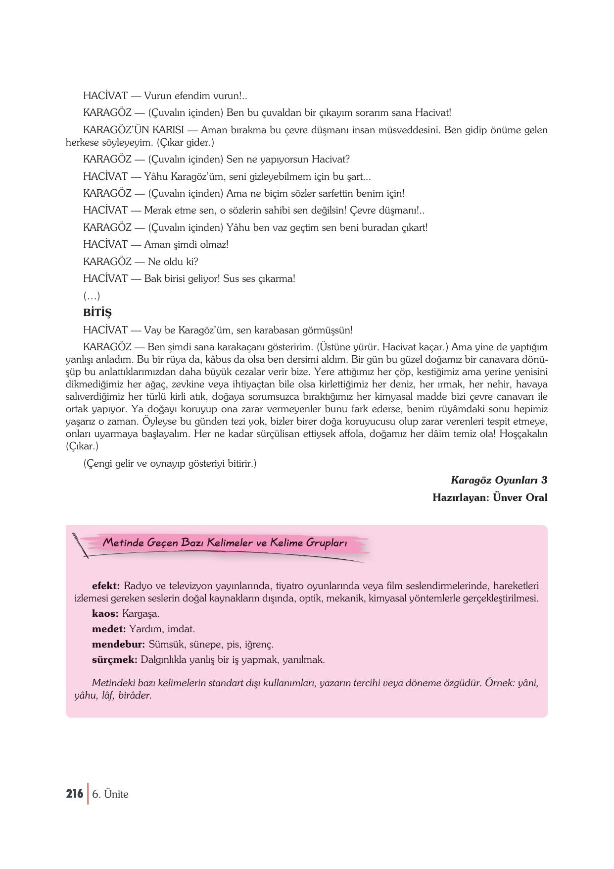 10 Sınıf Türk Dili ve Edebiyatı Ders Kitabı Öğün Yayınları Sayfa 216