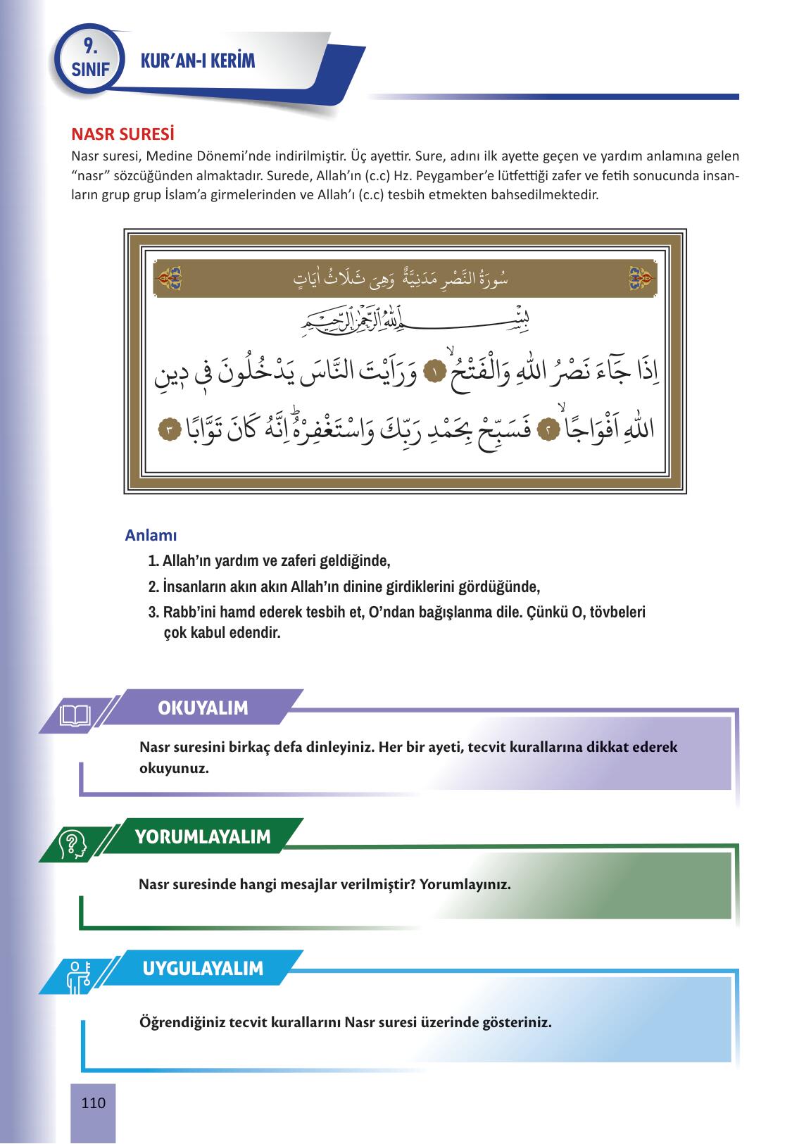 9 Sınıf Kuran ı Kerim Ders Kitabı MEB Yayınları Sayfa 110 Cevapları