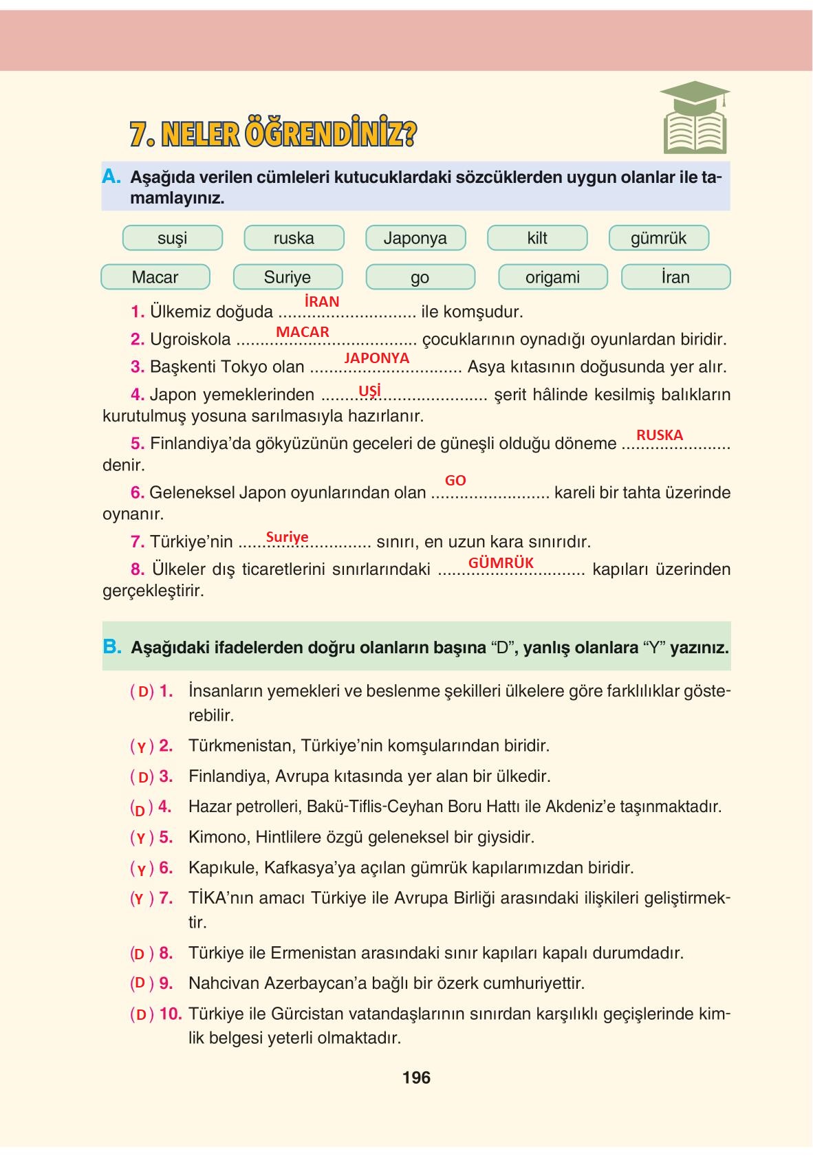 4. Sınıf Sosyal Bilgiler Tuna Yayınları Sayfa 196 Cevapları