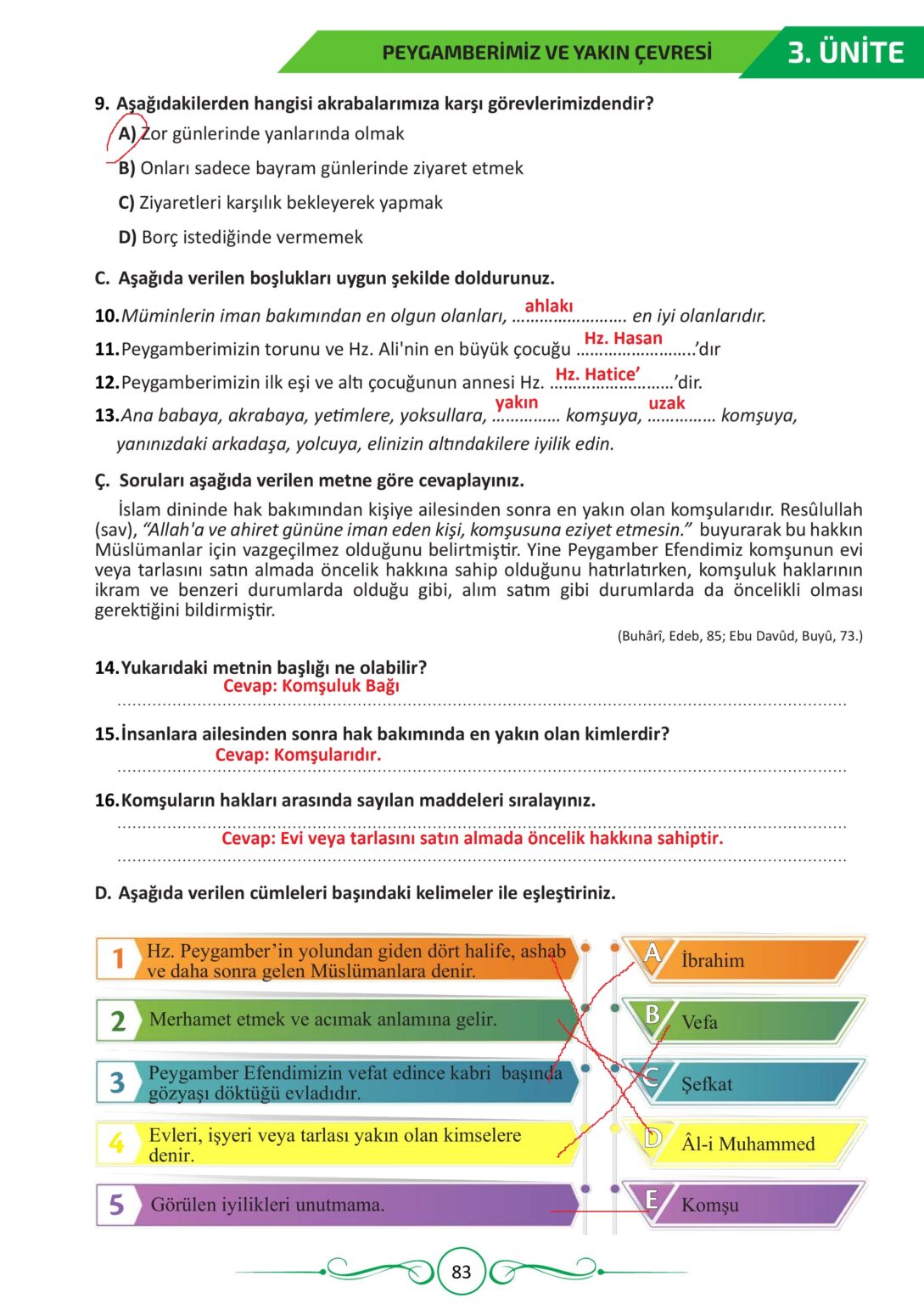 7. Sınıf Peygamberimizin Hayatı Meb Yayınları Sayfa 83 Cevapları ...