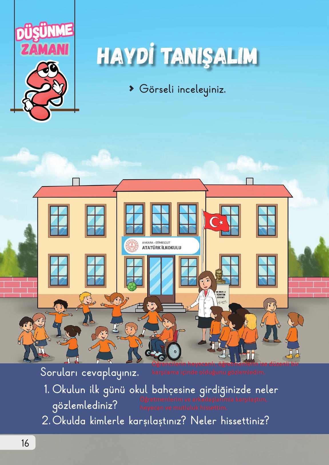 1. Sınıf Meb Yayınları Hayat Bilgisi 1. Kitap Ders Kitabı Sayfa 16 Cevapları