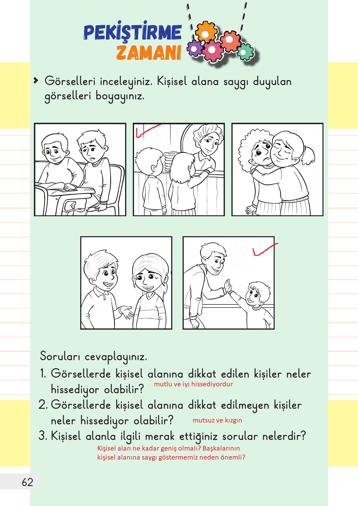 1. Sınıf Meb Yayınları Hayat Bilgisi 1. Kitap Ders Kitabı Sayfa 62 Cevapları