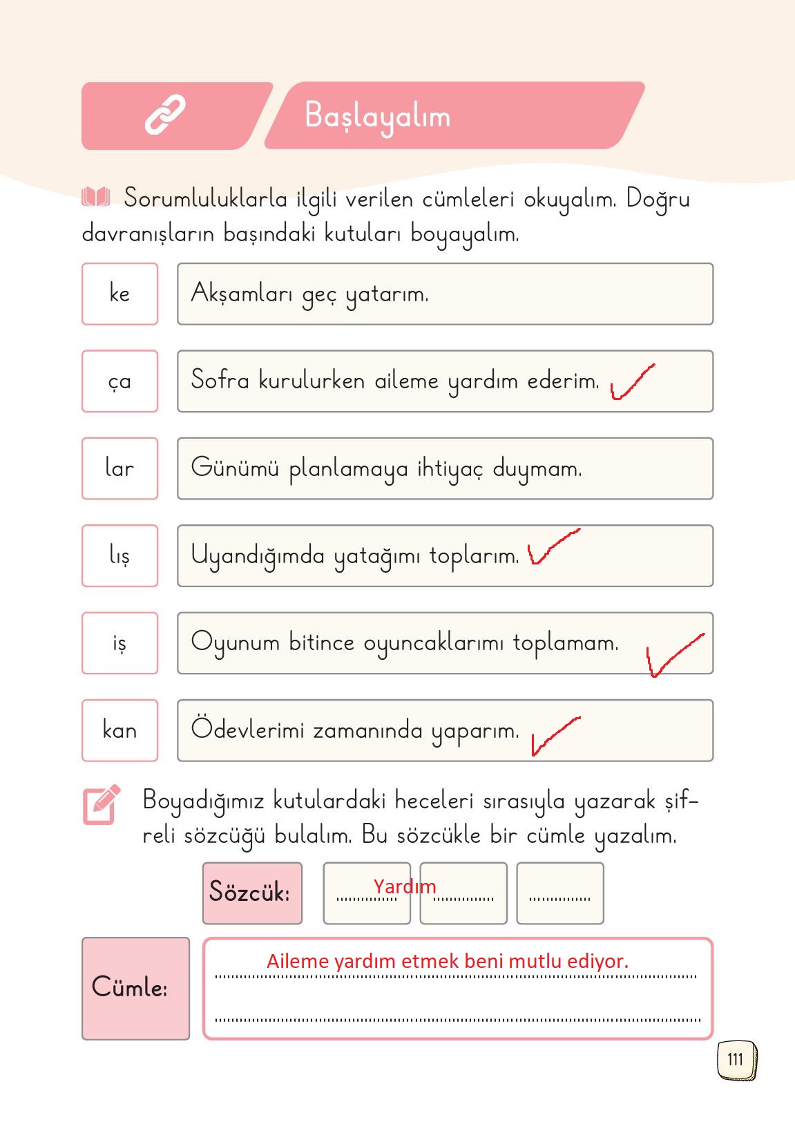 1. Sınıf Meb Yayınları Türkçe 2. Kitap Ders Kitabı Sayfa 111 Cevapları