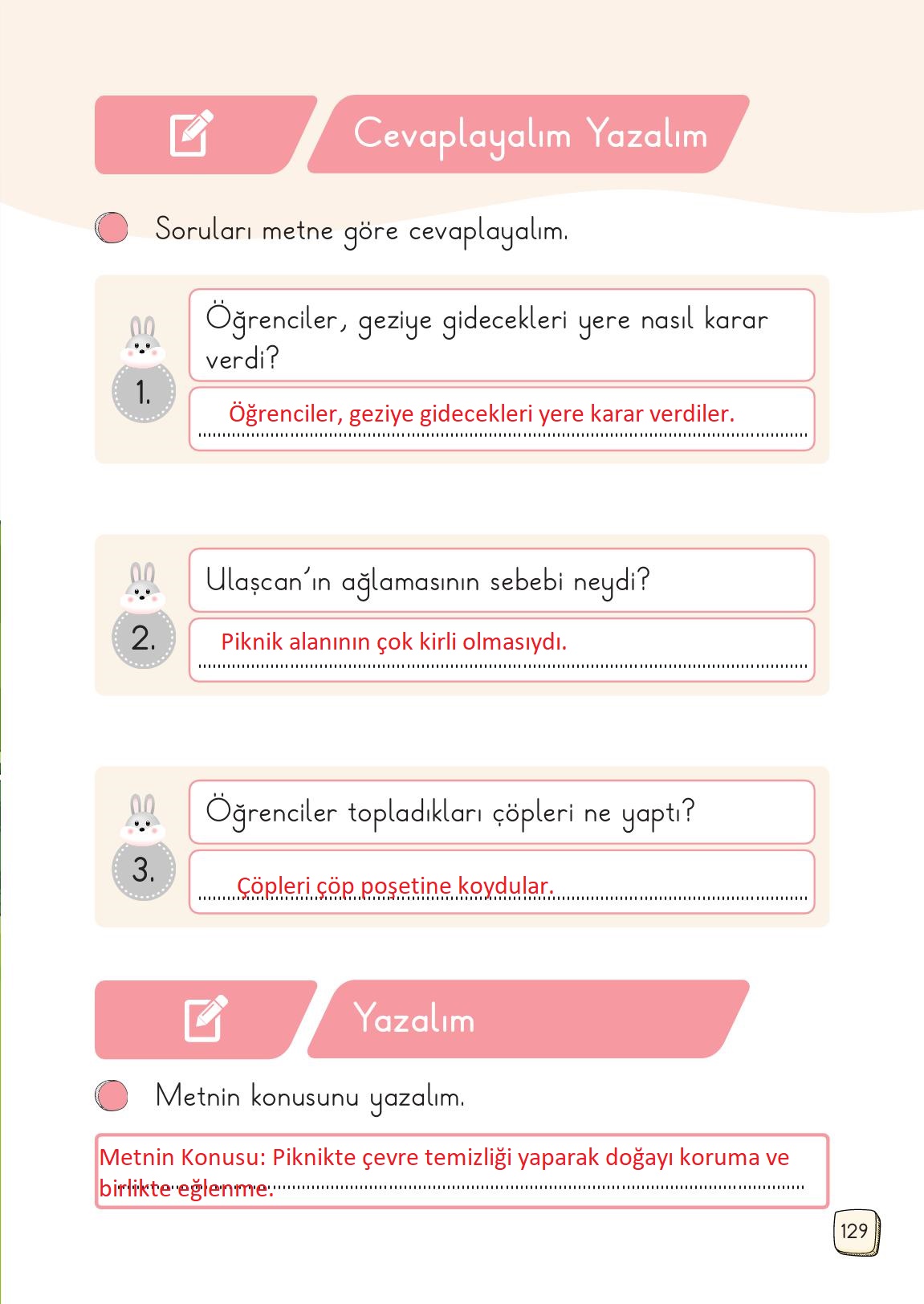 1. Sınıf Meb Yayınları Türkçe 2. Kitap Ders Kitabı Sayfa 129 Cevapları