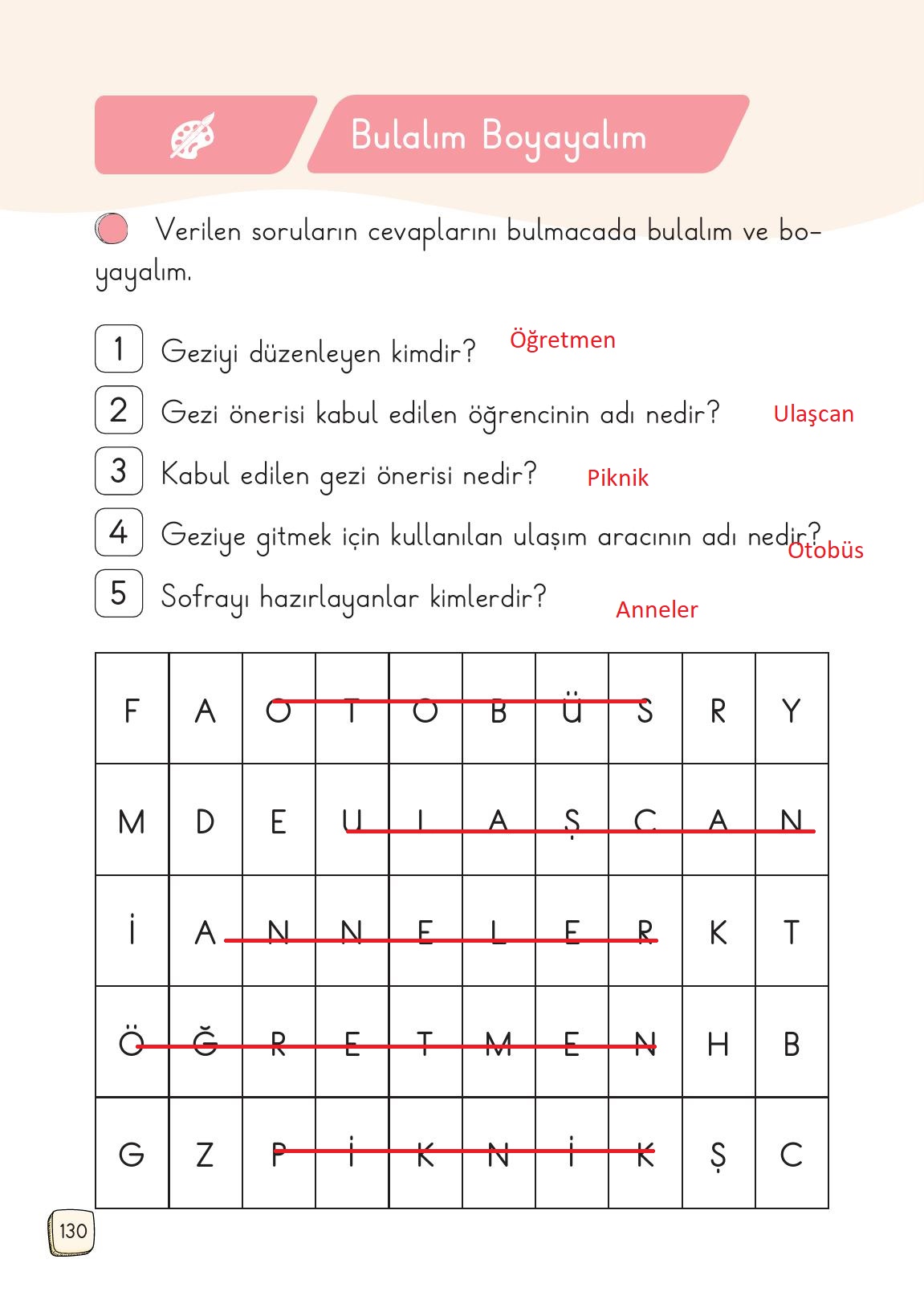 1. Sınıf Meb Yayınları Türkçe 2. Kitap Ders Kitabı Sayfa 130 Cevapları