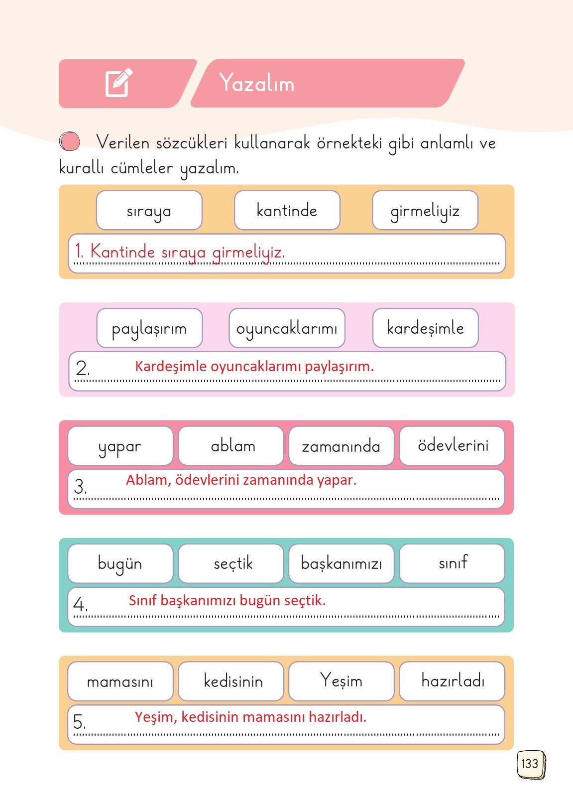 1. Sınıf Meb Yayınları Türkçe 2. Kitap Ders Kitabı Sayfa 133 Cevapları