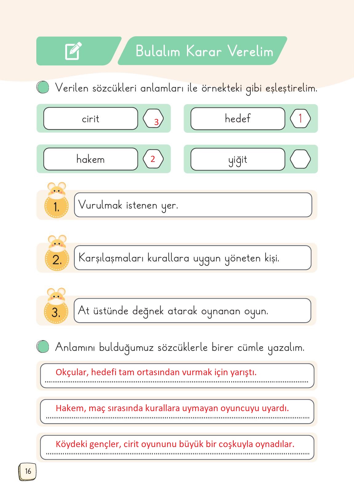 1. Sınıf Meb Yayınları Türkçe 2. Kitap Ders Kitabı Sayfa 16 Cevapları