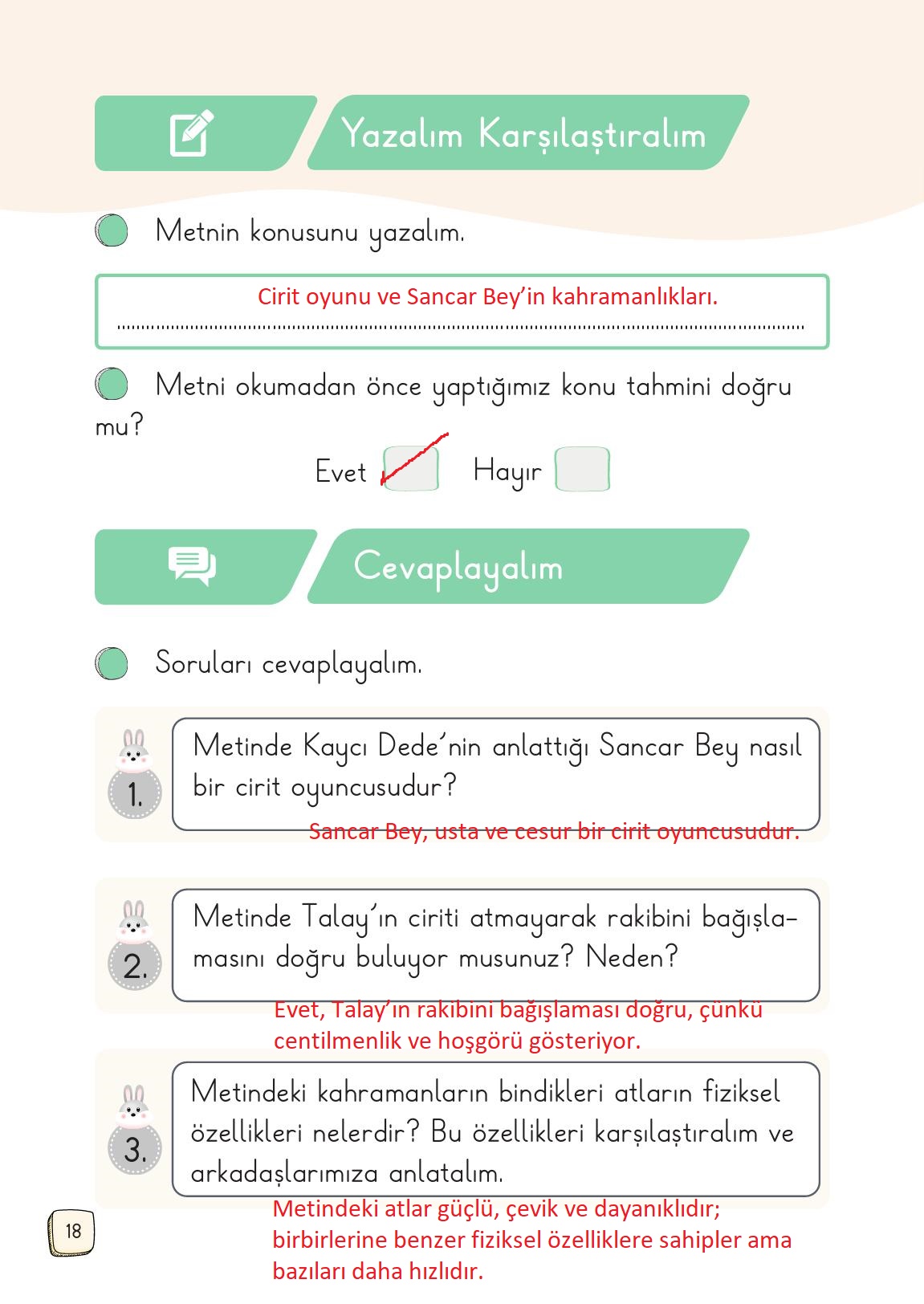 1. Sınıf Meb Yayınları Türkçe 2. Kitap Ders Kitabı Sayfa 18 Cevapları