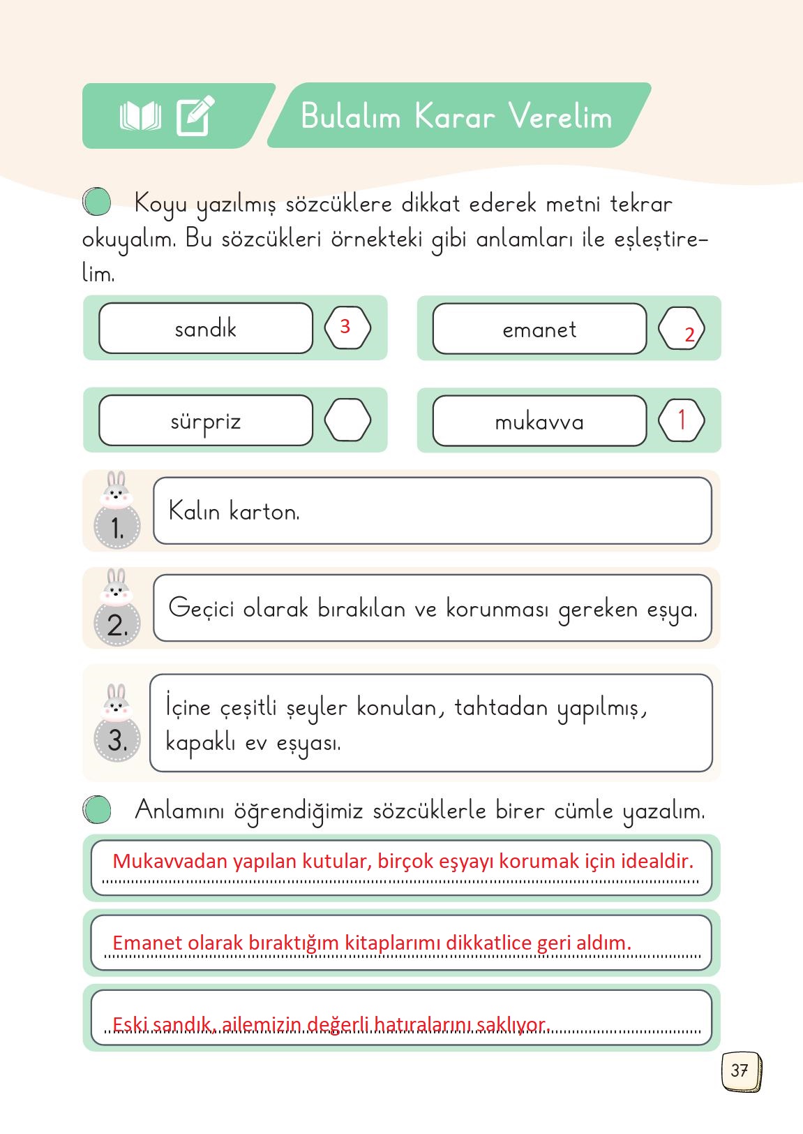 1. Sınıf Meb Yayınları Türkçe 2. Kitap Ders Kitabı Sayfa 37 Cevapları