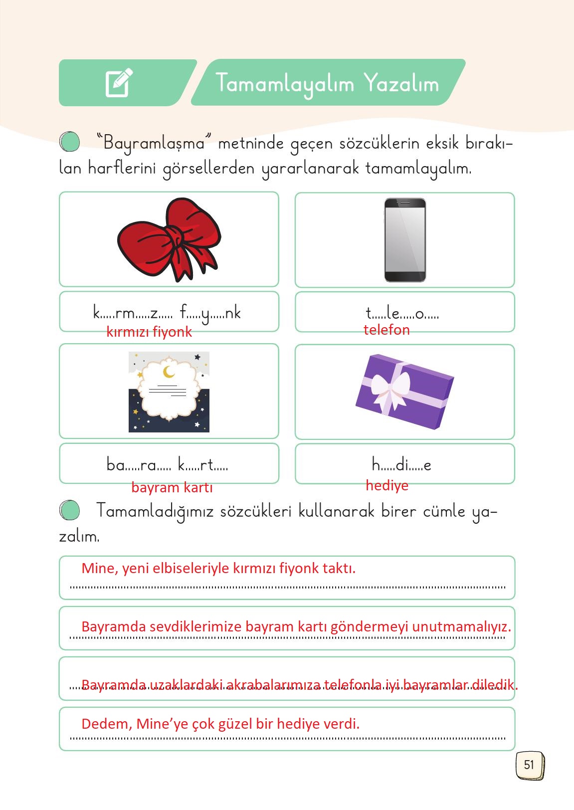 1. Sınıf Meb Yayınları Türkçe 2. Kitap Ders Kitabı Sayfa 51 Cevapları