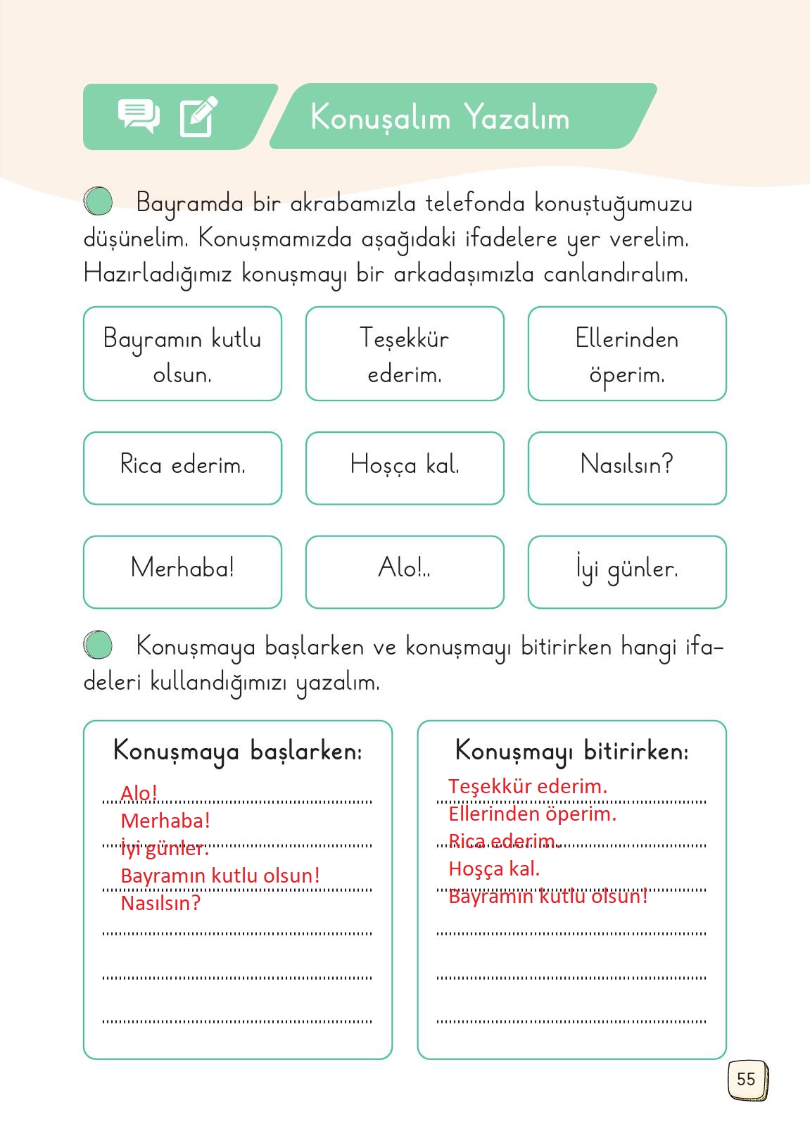 1. Sınıf Meb Yayınları Türkçe 2. Kitap Ders Kitabı Sayfa 55 Cevapları