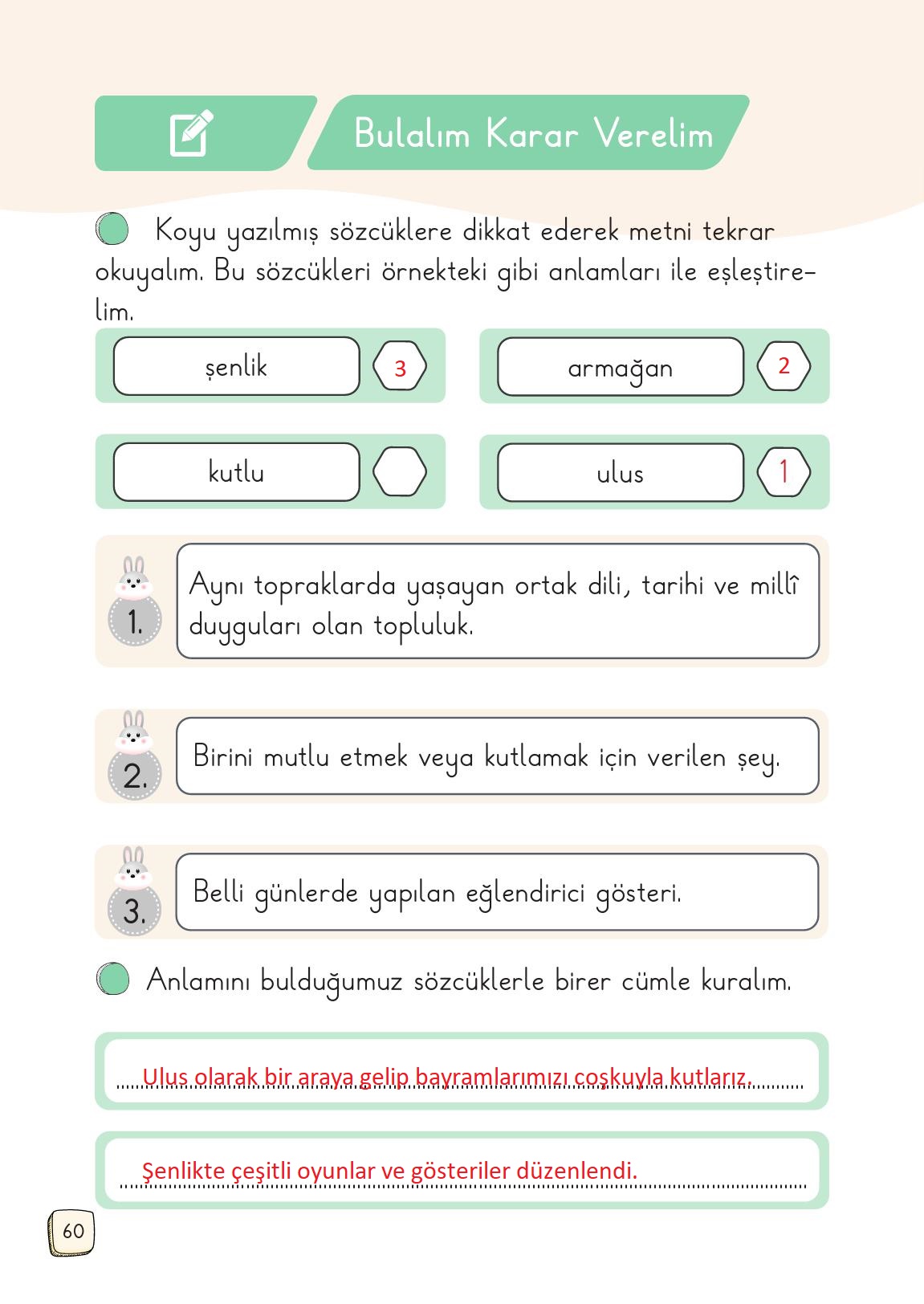 1. Sınıf Meb Yayınları Türkçe 2. Kitap Ders Kitabı Sayfa 60 Cevapları