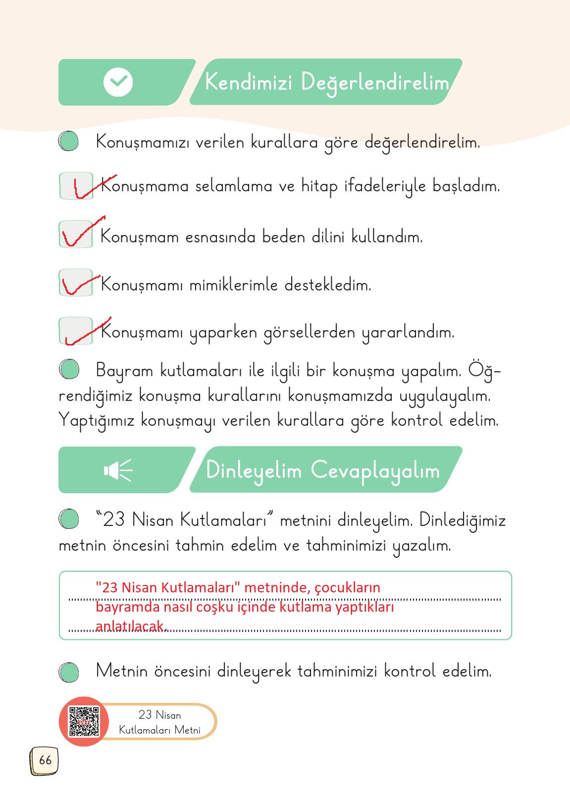 1. Sınıf Meb Yayınları Türkçe 2. Kitap Ders Kitabı Sayfa 66 Cevapları