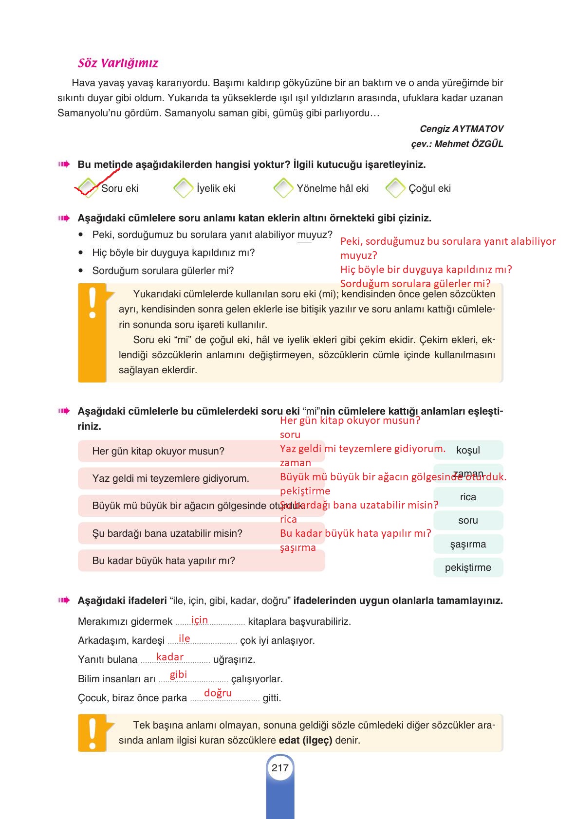 6. Sınıf Yıldırım Yayınları Türkçe Ders Kitabı Sayfa 217 Cevapları