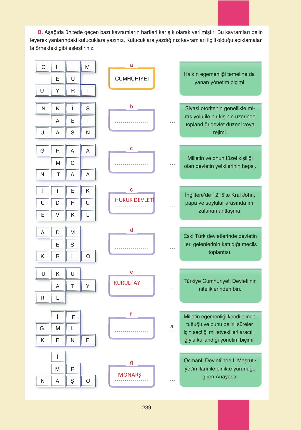 7. Sınıf Yıldırım Yayınları Sosyal Bilgiler Ders Kitabı Sayfa 239 Cevapları