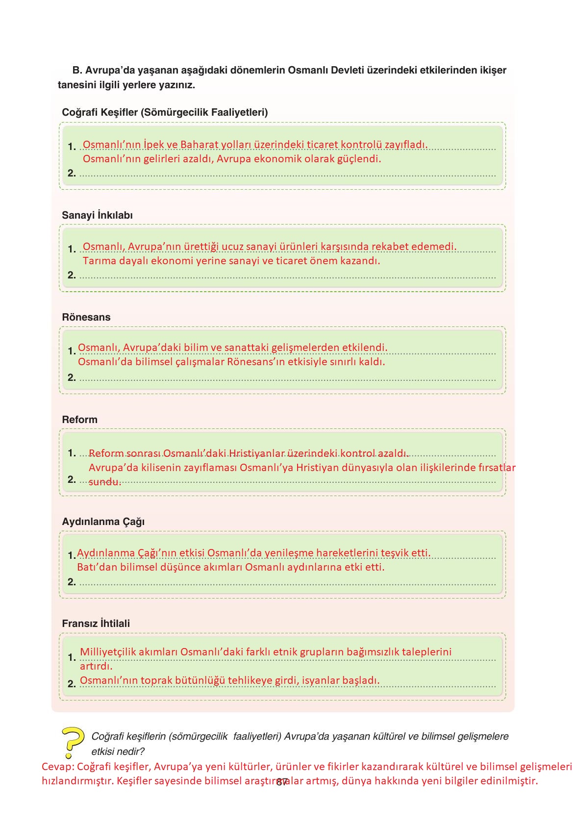 7. Sınıf Yıldırım Yayınları Sosyal Bilgiler Ders Kitabı Sayfa 87 Cevapları
