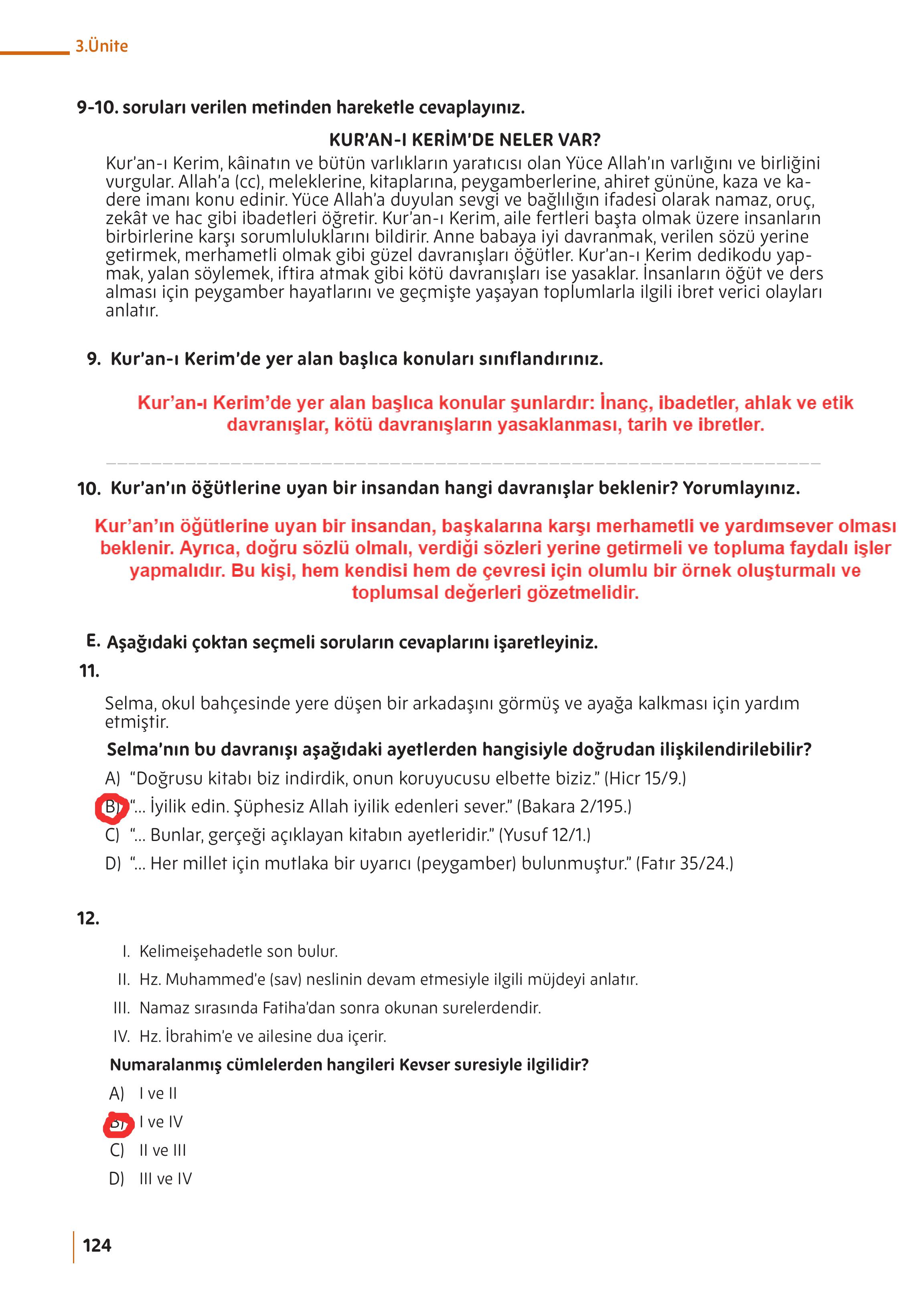 5. Sınıf Meb Yayınları Din Kültürü Ve Ahlak Bilgisi Ders Kitabı Sayfa 124 Cevapları