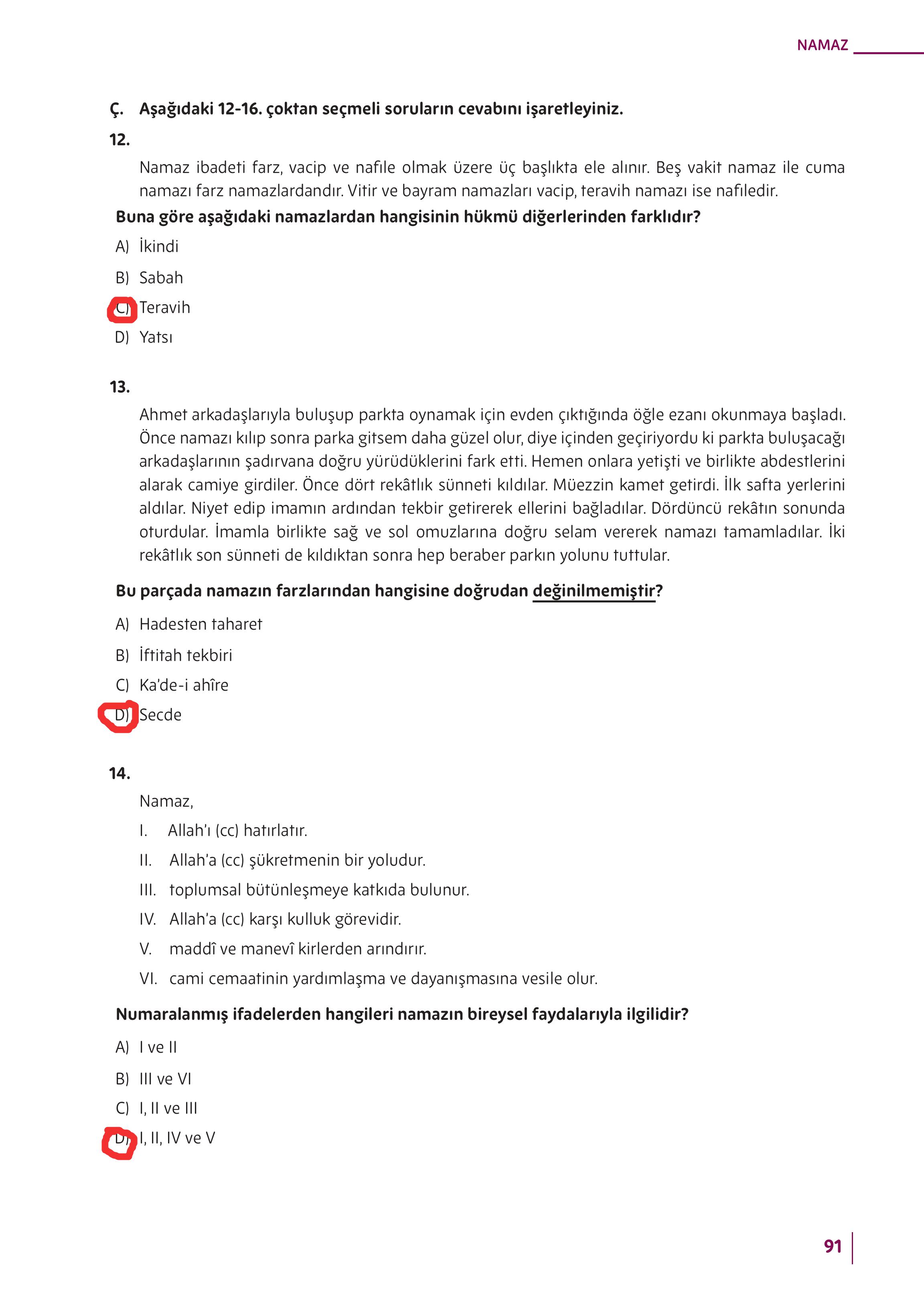 5. Sınıf Meb Yayınları Din Kültürü Ve Ahlak Bilgisi Ders Kitabı Sayfa 91 Cevapları