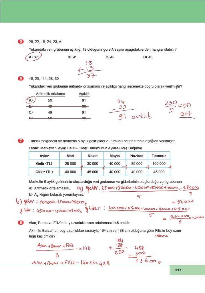 6. Sınıf Doğa Yayınları Matematik Ders Kitabı Sayfa 217 Cevapları