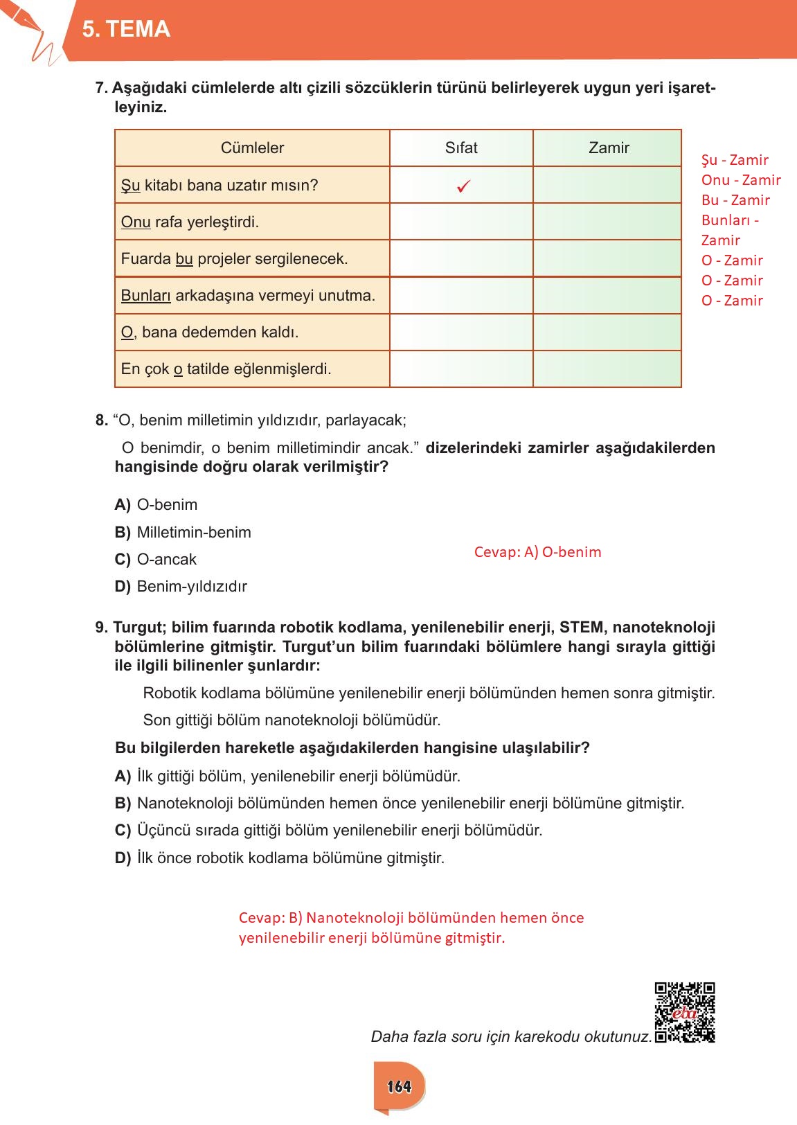 6. Sınıf Meb Yayınları Türkçe Ders Kitabı Sayfa 164 Cevapları