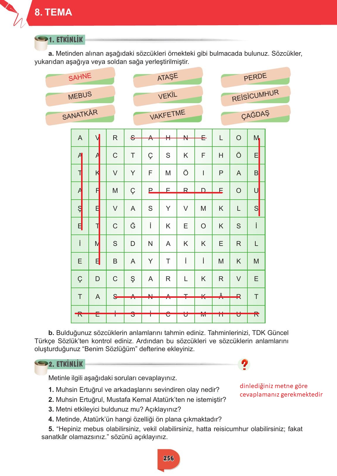 6. Sınıf Meb Yayınları Türkçe Ders Kitabı Sayfa 256 Cevapları