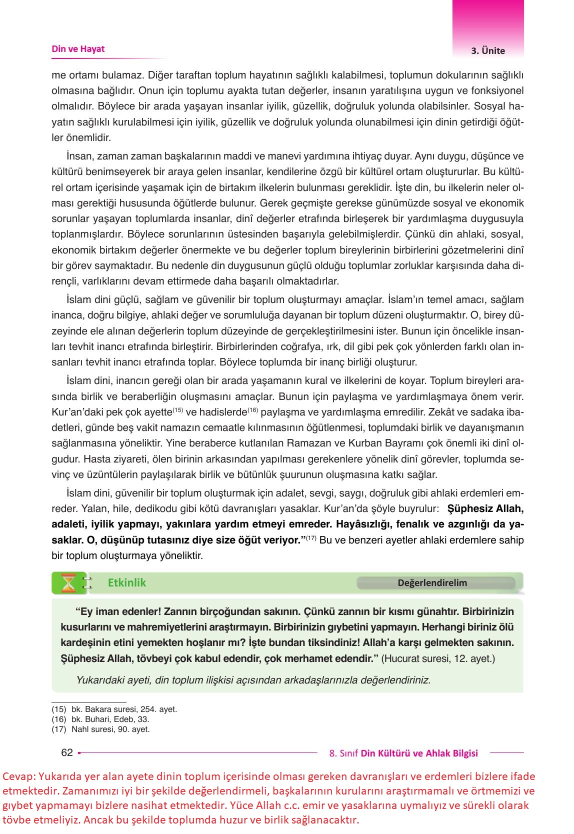 8. Sınıf Gezegen Yayıncılık Din Kültürü Ve Ahlak Bilgisi Ders Kitabı Sayfa 62 Cevapları