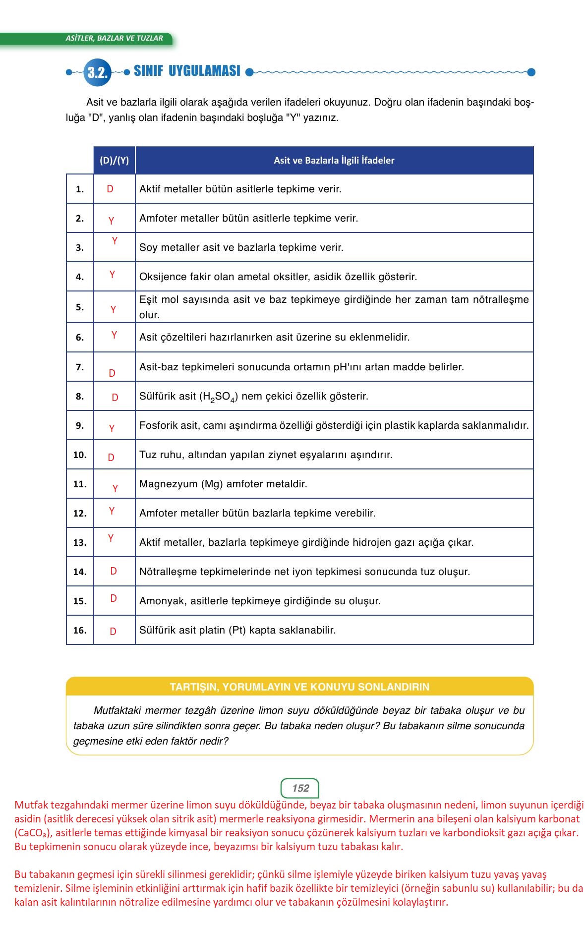 10. Sınıf Ata Yayıncılık Kimya Ders Kitabı Sayfa 152 Cevapları