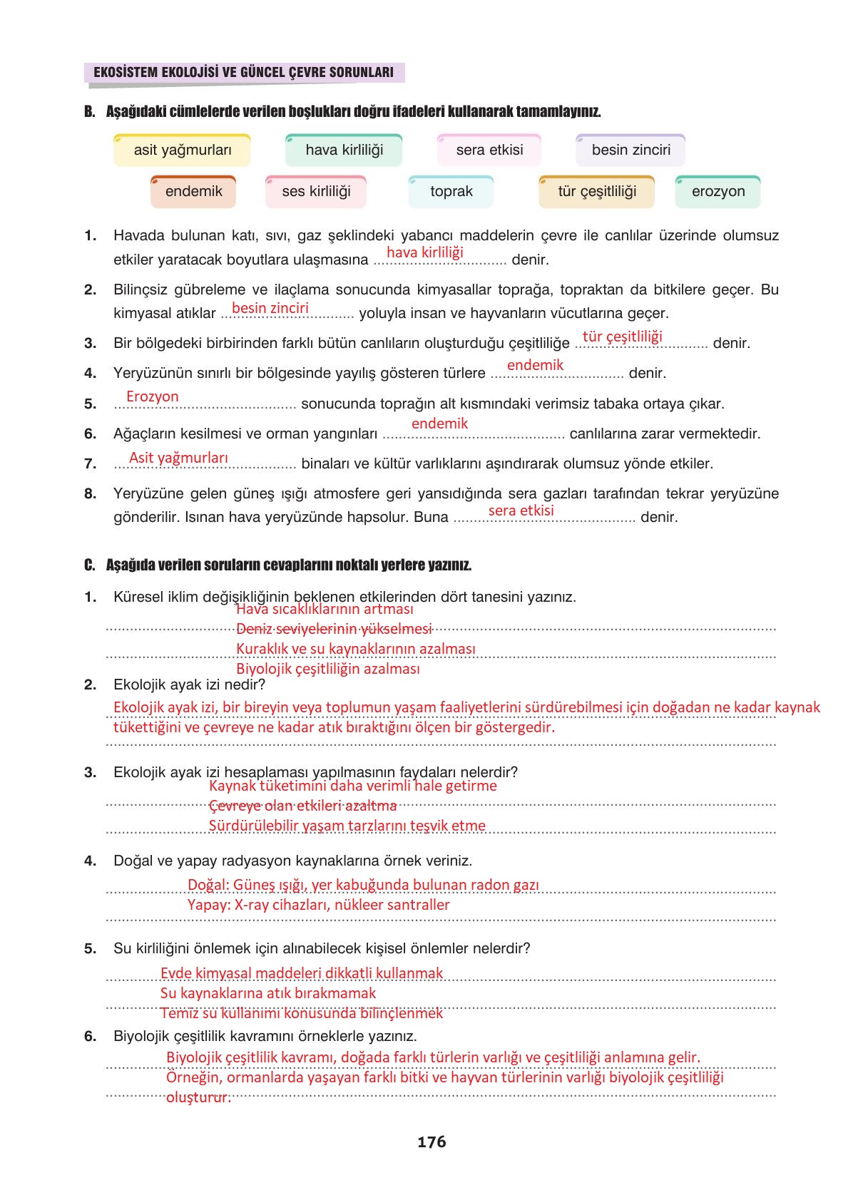 10. Sınıf Dörtel Yayınları Biyoloji Ders Kitabı Sayfa 176 Cevapları