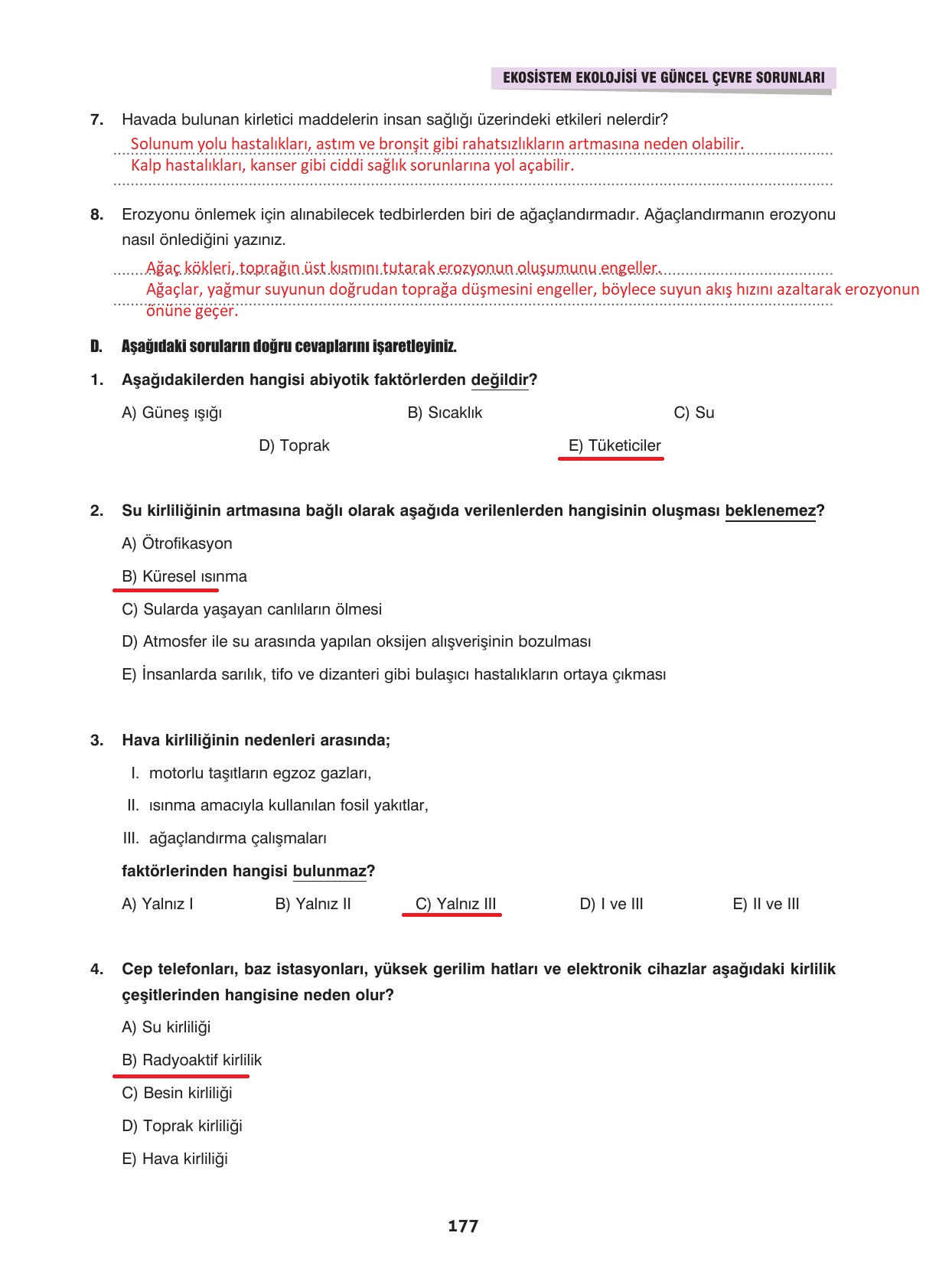 10. Sınıf Dörtel Yayınları Biyoloji Ders Kitabı Sayfa 177 Cevapları