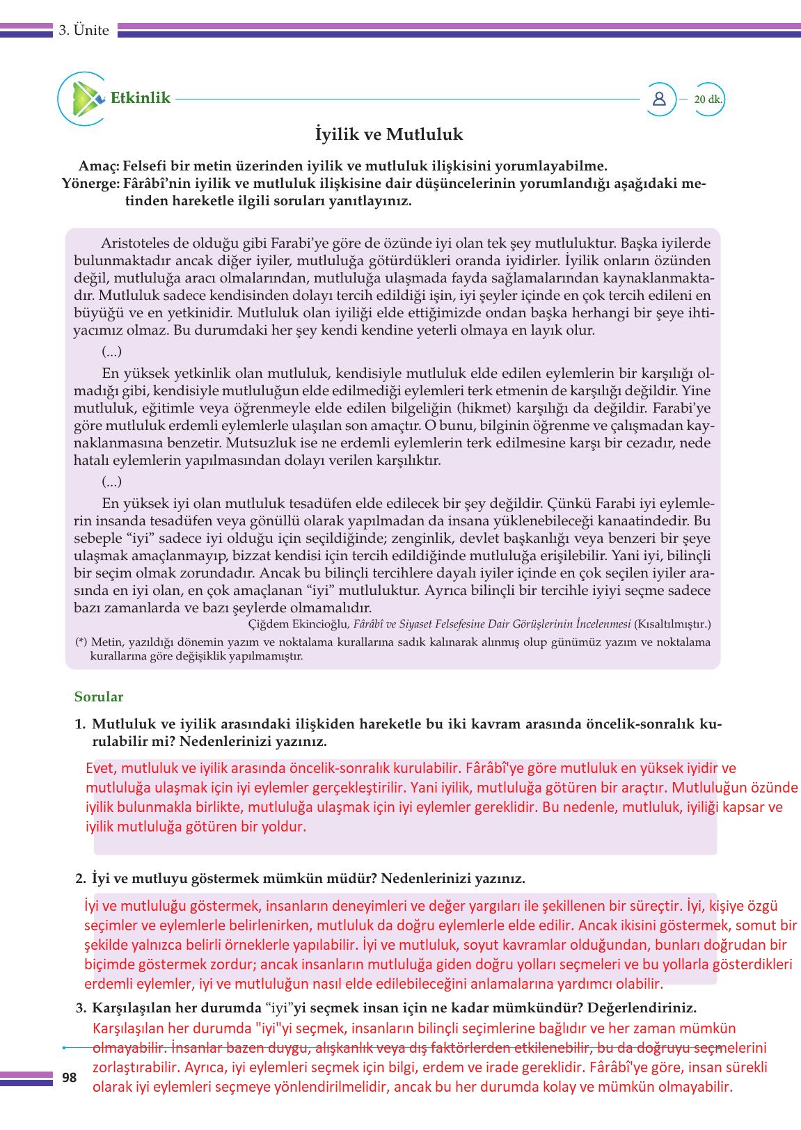 10. Sınıf Meb Yayınları Felsefe Ders Kitabı Sayfa 98 Cevapları