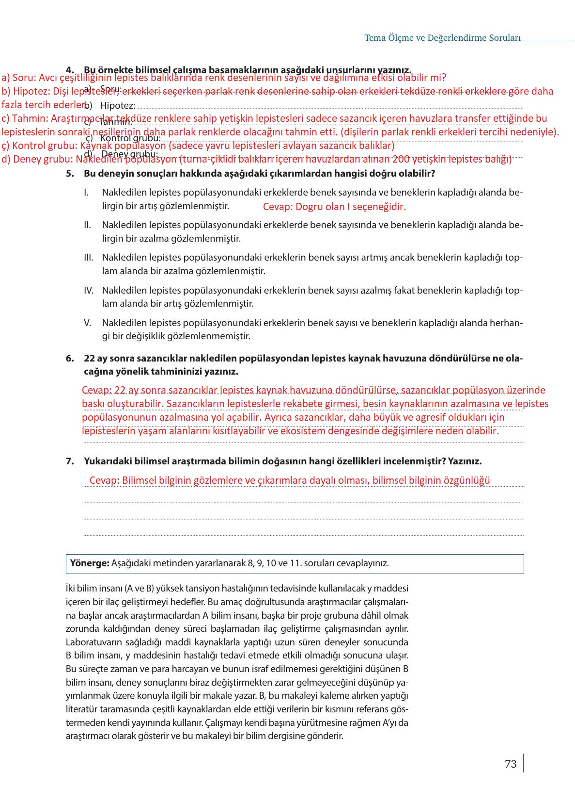 9. Sınıf Meb Yayınları Biyoloji Ders Kitabı Sayfa 73 Cevapları
