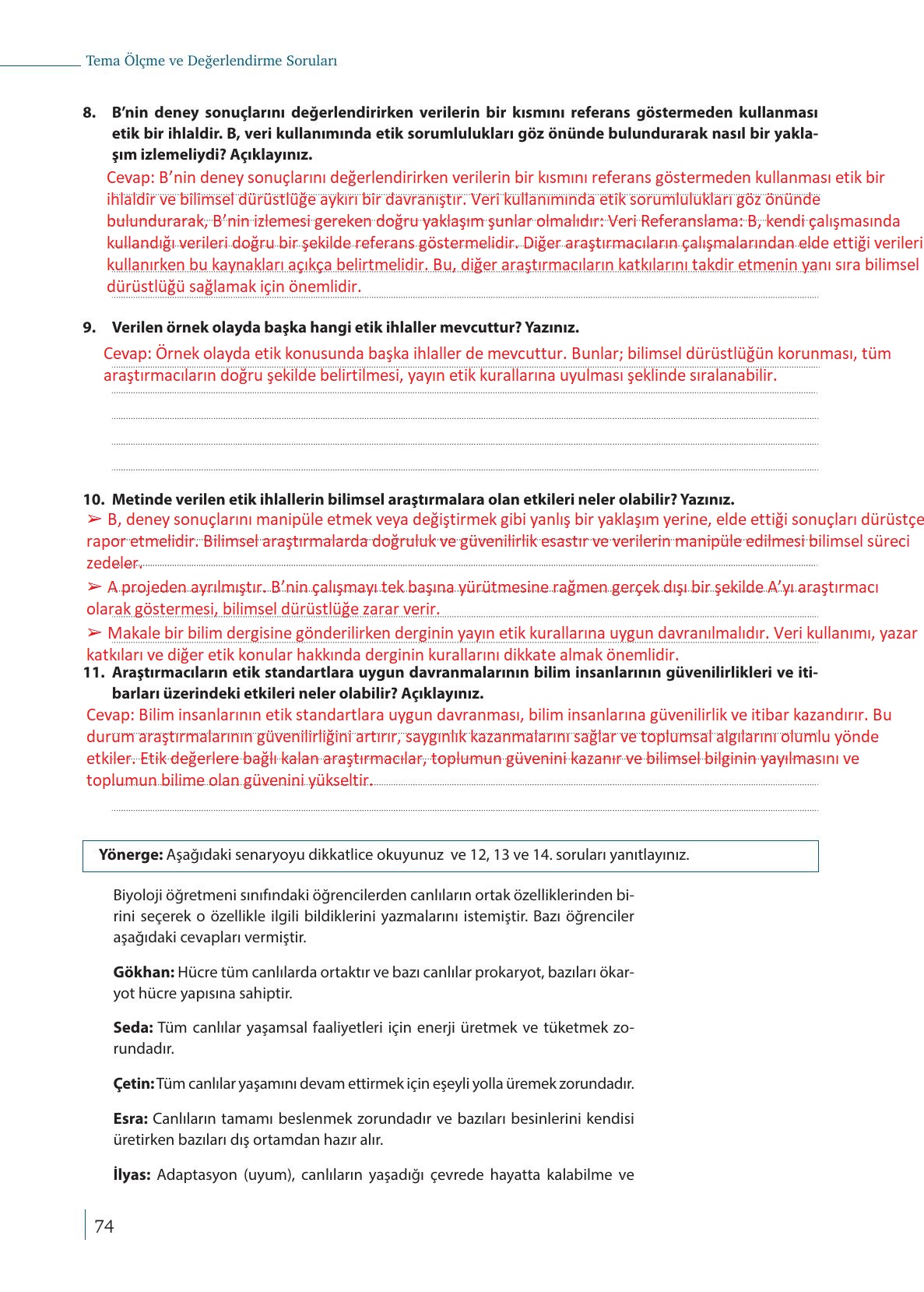 9. Sınıf Meb Yayınları Biyoloji Ders Kitabı Sayfa 74 Cevapları