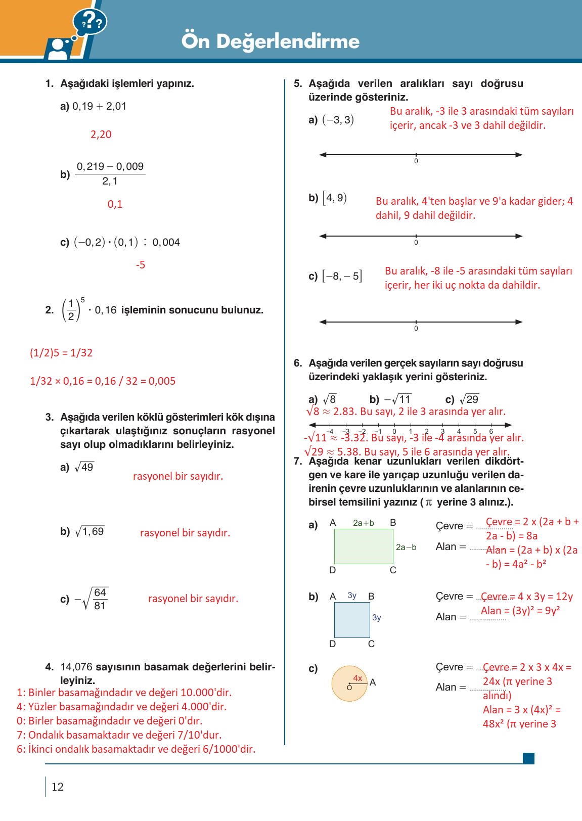 9. Sınıf Meb Yayınları Matematik Ders Kitabı Sayfa 12 Cevapları