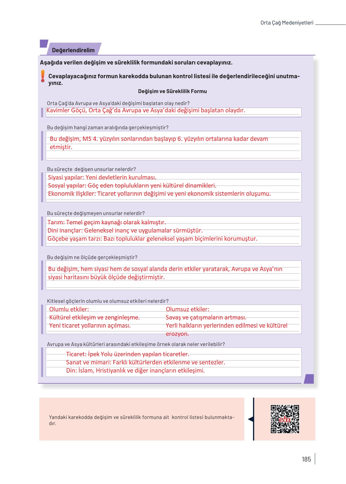 9. Sınıf Meb Yayınları Tarih Ders Kitabı Sayfa 185 Cevapları