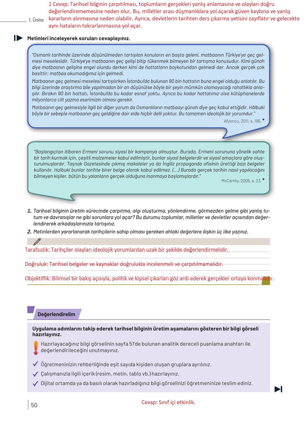 9. Sınıf Meb Yayınları Tarih Ders Kitabı Sayfa 50 Cevapları