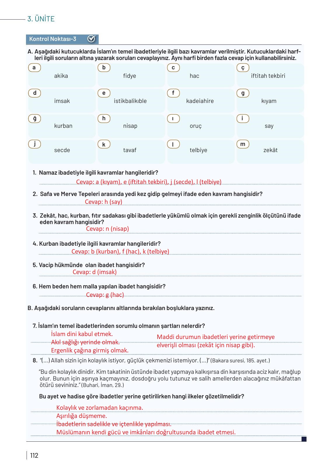 9. Sınıf Meb Yayınları Temel Dini Bilgiler Ders Kitabı Sayfa 112 Cevapları