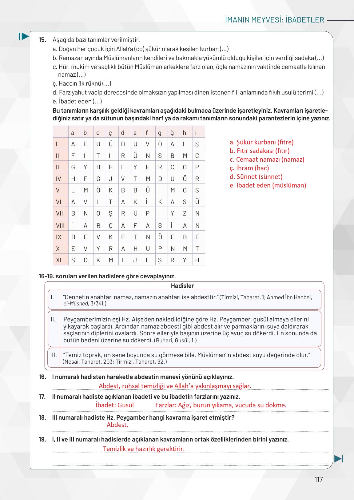 9. Sınıf Meb Yayınları Temel Dini Bilgiler Ders Kitabı Sayfa 117 Cevapları