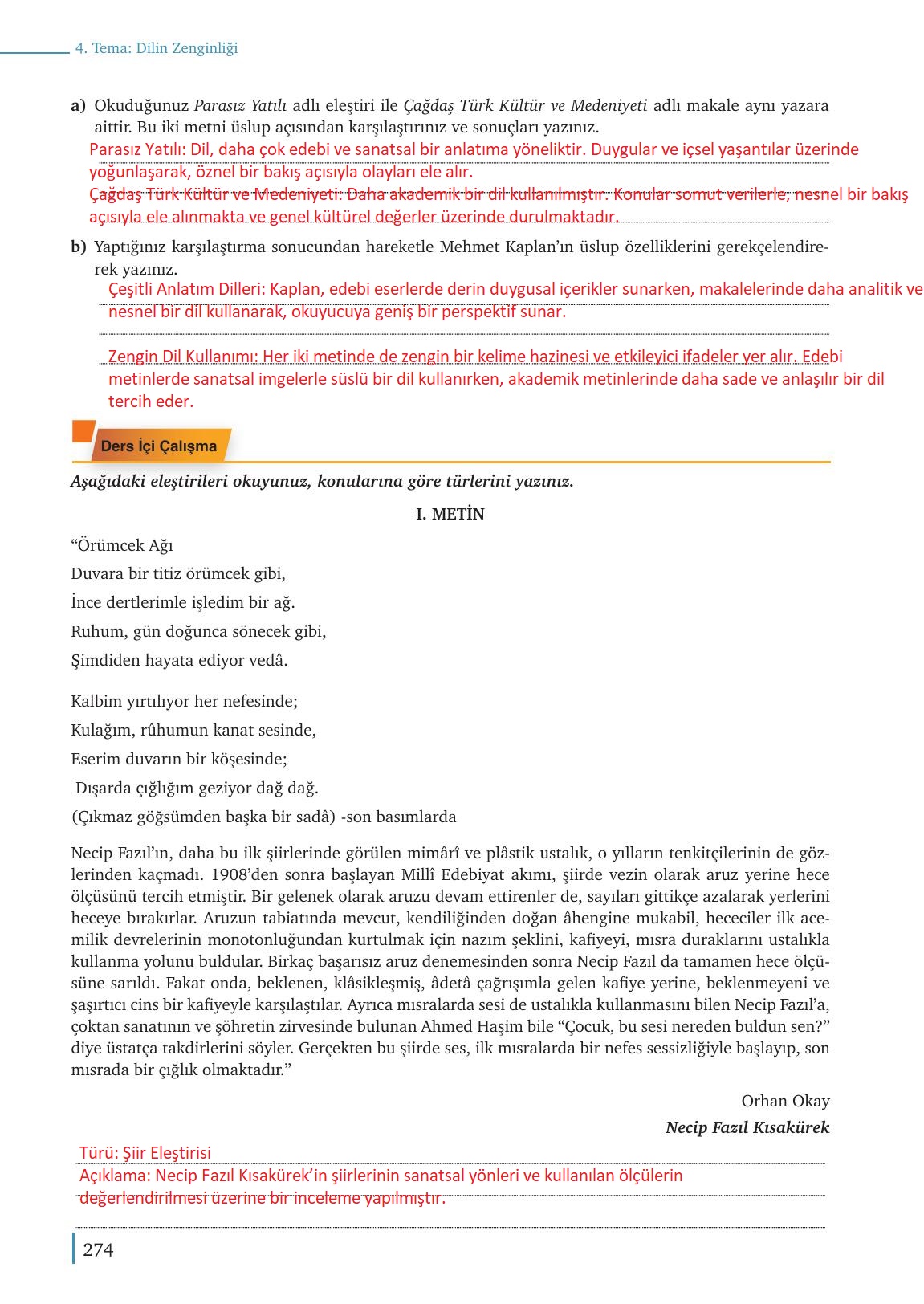 9. Sınıf Meb Yayınları Türk Dili Ve Edebiyatı Ders Kitabı Sayfa 274 Cevapları