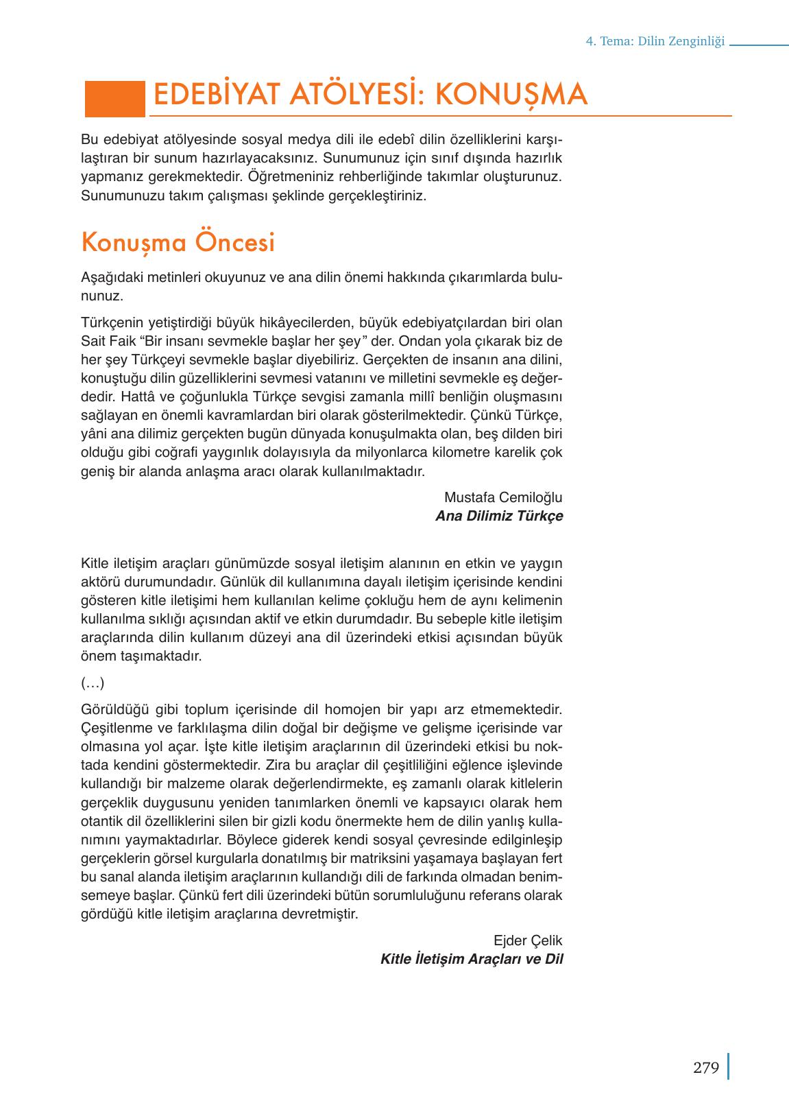 9. Sınıf Meb Yayınları Türk Dili Ve Edebiyatı Ders Kitabı Sayfa 279 Cevapları