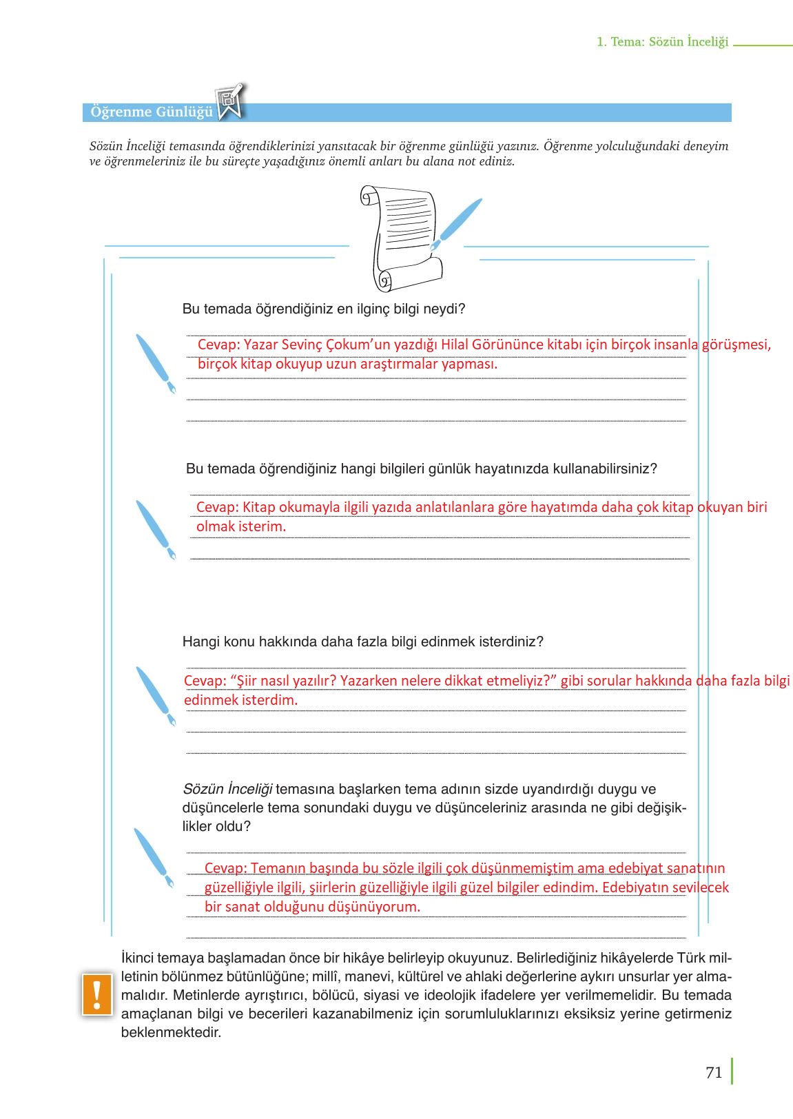 9. Sınıf Meb Yayınları Türk Dili Ve Edebiyatı Ders Kitabı Sayfa 71 Cevapları