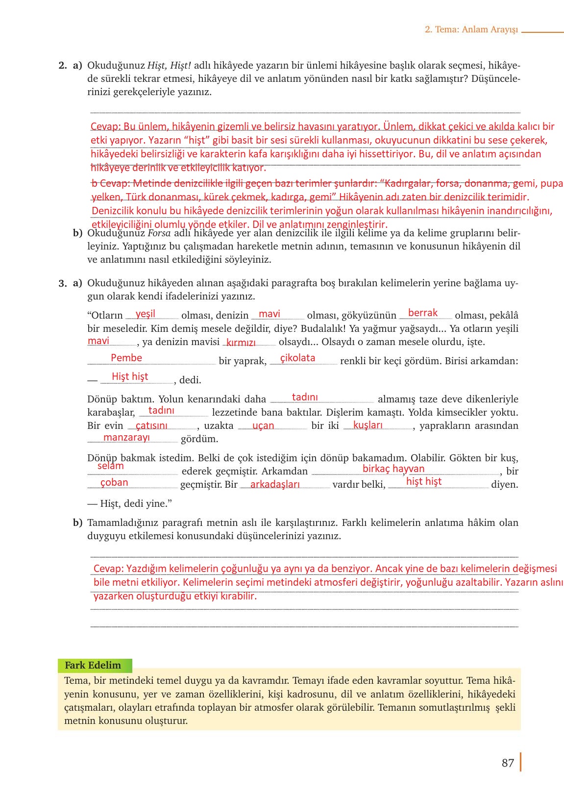 9. Sınıf Meb Yayınları Türk Dili Ve Edebiyatı Ders Kitabı Sayfa 87 Cevapları
